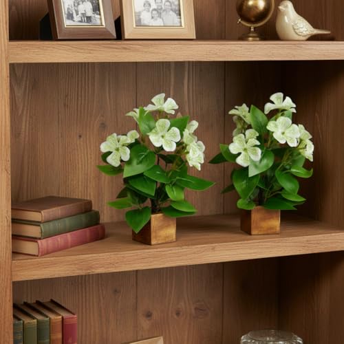 Image of fancymart Artificial Flower Plant Set of 2 with Wooden Pot - 23 cm Height | Real-Touch Faux Floral Decor for Home, Office, Living Room, Bedroom, Desk & Gift Purpose