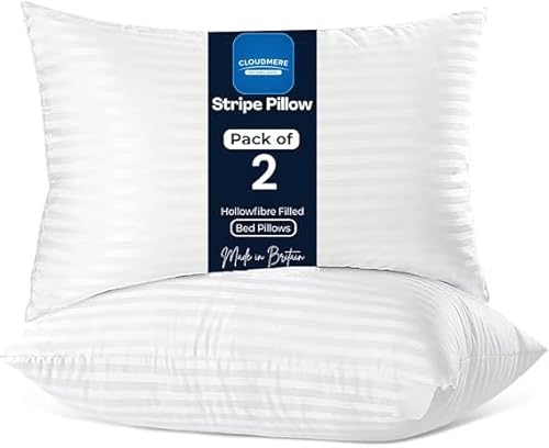 Cloudmere Pack of 2 Stripe Pillows Hotel Quality – Original Down Alternative Pillows for Sleeping, Soft Support for Back, Stomach & Side Sleepers (74 cm x 48 cm)
