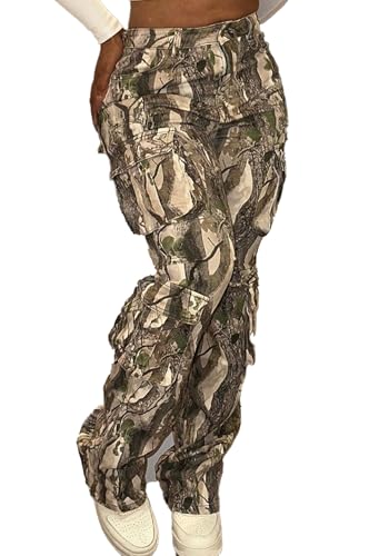 Women's Camo Cargo Pants High Waist Wide Leg Camouflage Army Fatigue Trousers with Pockets Sweatpants