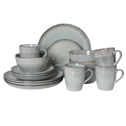 Image of Gibson Elite Jasper 16 Piece Plates and Bowls Reactive Glaze Dishes Stoneware Ceramic Dinnerware Set - Service for 4 - Grey