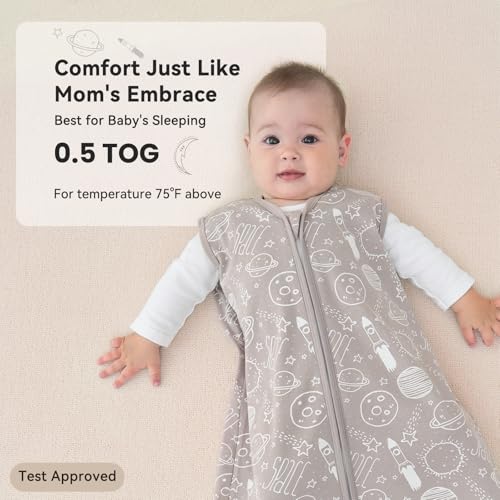 Image of Baby Sleep Sack 12-18 Months 3 Pack 100% Cotton Lightweight 0.5 TOG Wearable Blanket Baby Sleep Bag with 2-Way Zipper for Newborn Infant White Gray Blue Space