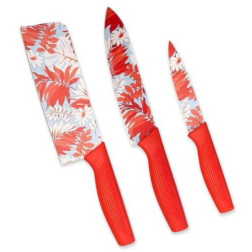 Image of La' Forte 3 Pcs Kitchen Knife Set with Protective Covers | Chef Knife, Utility Knife & Paring Knife | Printed Stainless Steel Blades with Ergonomic Grip | Cutting, Chopping & Slicing (Red)