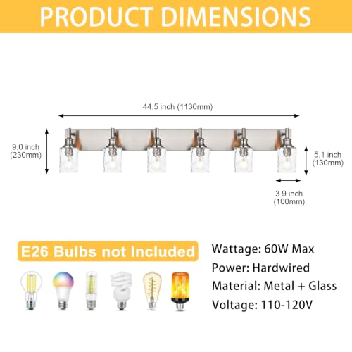 Image of 6 Lights Brushed Nickel Bathroom Vanity Light, Hammered Glass Shade | Modern Bathroom Lighting Fixtures over Mirror, Metal Finish Vanity Wall Sconce, E26 Base, for Bedroom Living Room Hallway