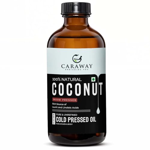 Image of CARAWAY Cold Pressed Coconut Oil for Hair | Traditional Kachi Ghani Wood Pressed Nariyal Tel Coconut oil for Cooking and Ayurvedic Rituals - 100% Pure and Unrefined - 8 oz / 236 ml Bottle