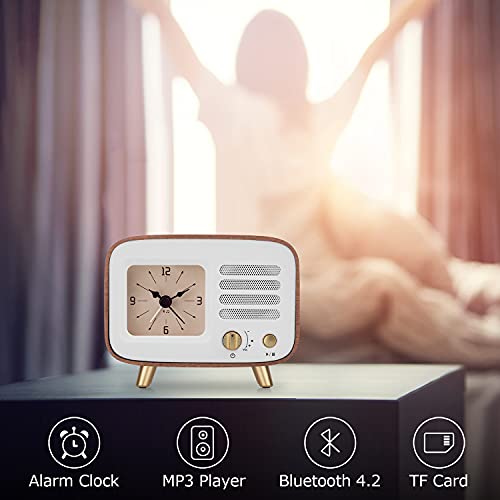 Bew Retro Alarm Clock With Bluetooth Portable Speaker, Loud Volume Rechargeable Wireless Tf Card Mp3 Player, Silent Battery Operated Wooden Alarm Clock For Table, Nightstand, Bedroom, Office #TOP3