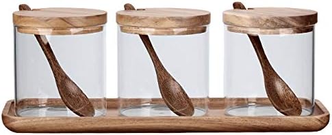 Kitchen Canister With 3pc Glass Spice Condiment Jars Sugar Can Food Storage Containers with Wood Lids and Wooden Spoon for Coffee Spice Storage Container
