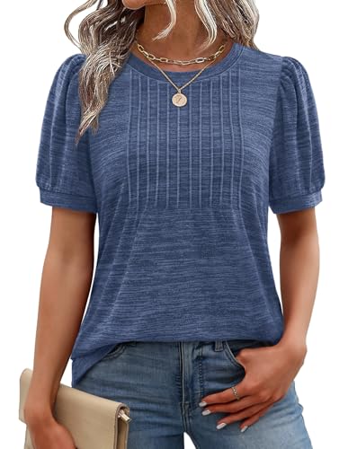 XIEERDUO Womens Blouses Tunic Tops Short Sleeve Pleated Shirts Spring Womens Tops and Blouses Dressy Causual Beach Vacation Outfits Fashion Clothing 2026 Blue M
