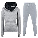 QJDFLL Wasserfallausschnitt, Farbblock Sweatshirt Sets, 2 teiliges Damen Outfit, Trainingsanzüge, Lange Ärmel, Hosen, lässiges(Grey,XXL)