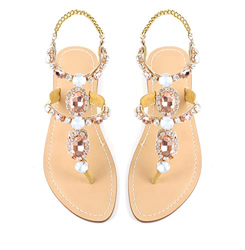 Image of ZhuLinFeng Women'S Rhinestone Gladiator Sandals Flat Wedding Sandals Gem Pearl Sparkling Bridal Bridesmaid Sandals Blue Bohemian Sandals