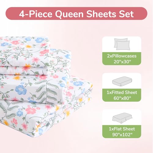 Image of MUXHOMO Queen Size 4 Piece Sheet Set, Soft & Breathable Sheet for Bedroom with Deep Pocket Up to 16 inch, Wrinkle-Free & Cooling Bed Sheet with Flat Sheet, Fitted Sheet & Pillowcases - Colorful Flower