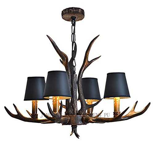 KXEcoLife Lámpara de araña de Resina Negra Estilo Granja Vintage con Forma de astas, 4 Luces, Cadena a Juego de 50 cm, Ajustable, Extensible, con Pantalla, 4
