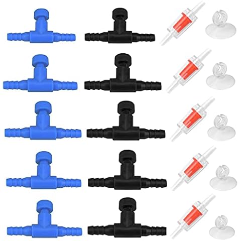 Kepfire 10 Pieces Plastic T Shape Air Pump Adjustable Aquarium Control Valve and 5 Pieces Check Valves 2 Way Fish Tank Hose Connector Cover