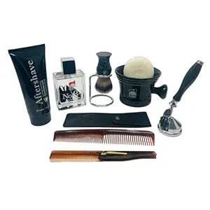 G.B.S Men's Grooming Set with 5-Blade Razor, Ceramic Shaving Mug, Badger Brush, Sandalwood Shave Soap, Wooden Comb & Aftershave
