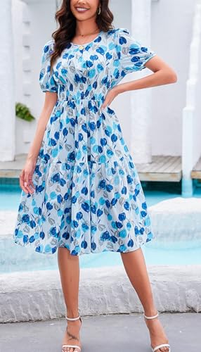 Image of Kormei Women Summer Casual Boho Floral Round Neck Short Sleeve Smocked Waist Tiered Flowy Swing Midi Dress XL Blue /Light Blue