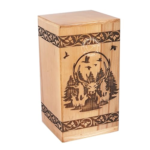 Image of Handcrafted Floral Engraved Wooden Urns for Human Ashes Adult Large - Cremation Urn for Ashes - Burial Urn for Columbarium - Funeral Urn Box (Buck Deer 2, 250 LB - Beechwood)