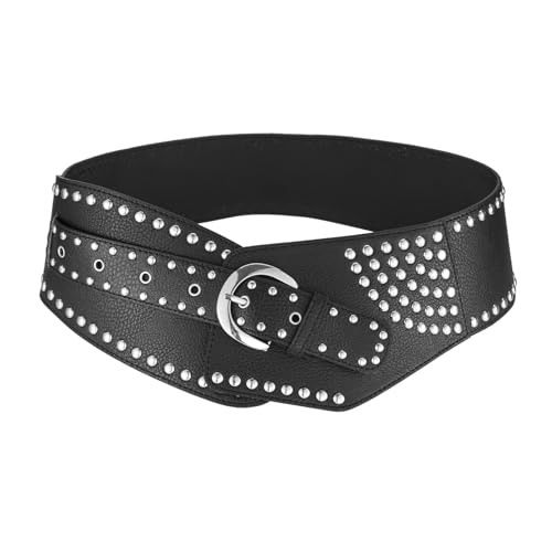 Wide Studded Belt for Women, Faux Leather, Punk Style Waist Accessory (Black, Brown, Beige)