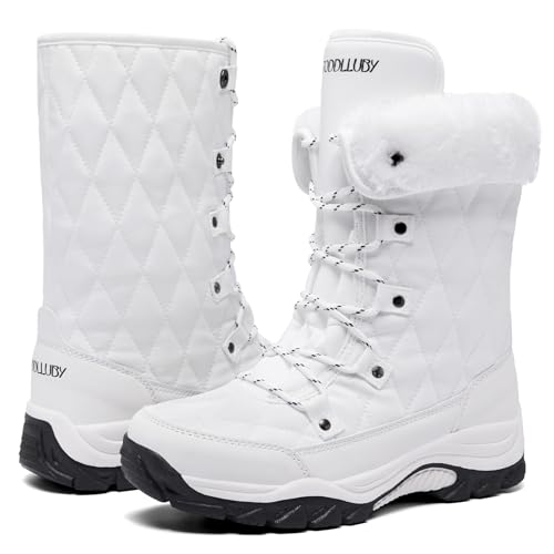Women Snow Boots Lace up with Waterproof Warm Fur Lined Mid-Calf Outdoor Winter Boots for Women White Size 8.5