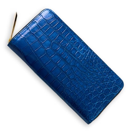 [CLW クロコダイルレザーワークス] スモールクロコダイルラウンドファスナー長財布スパイラルジャパンブルー（藍染） (ネイビーインナー＆シルバーファスナー) ポロサス 日本製 財布 ブルー ネイビー メンズ 長財布 ブランド ギフト プレゼント (内装ネイビー, ゴールドファスナー)