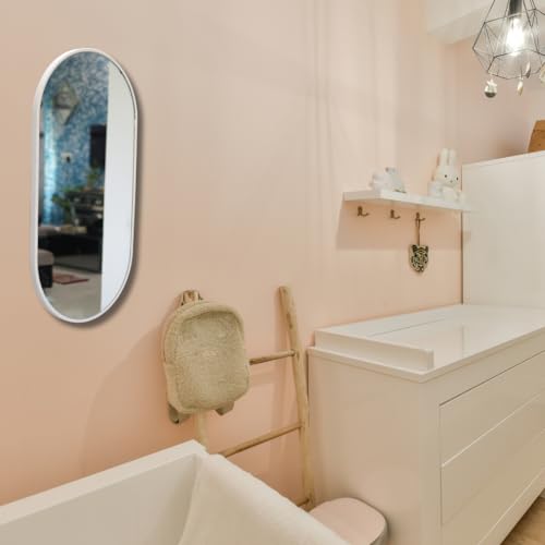 Image of Modern Elegance Capsule Shape Wall-Mounted Mirror Metal Framed Wall Mirror Bathroom Mirror Living Room Mirror Home Decor Mirror 24 x 48 Inches White MF 106