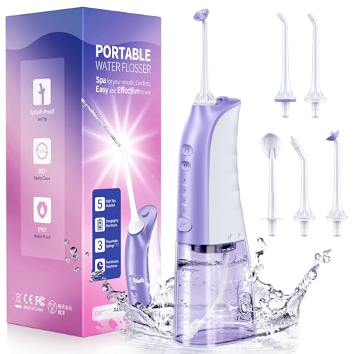 Demita (デミタ) コードレスウォーターフロッサー 歯用 300ml 3モード 5つのジェットチップ ポータブル電動フロッサーピック 大人用 IPX7防水 口腔洗浄器 デンタルフロッサークリーニングキット 歯茎 ブレースケア用 パープル