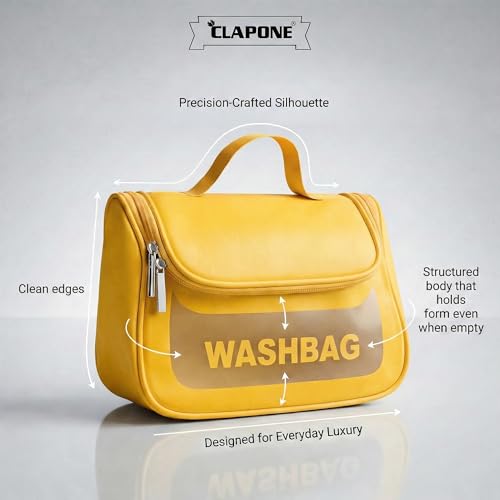 Image of Cosmetic Bag for Women, PU Leather Makeup Pouch, Large Capacity Travel Makeup Organizer with Divider & Handle, Waterproof Portable Vanity Storage Bag for Toiletries (Washing Bag-Yellow)