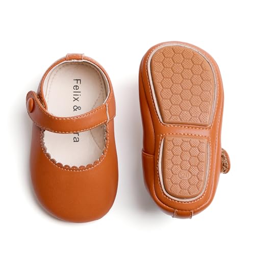 Felix & Flora Soft Sole Brown Baby Dress Mary Jane Flats - Infant Baby Walking Shoes Moccasins Rubber Sole Crib Shoes(Brown,18-24 Months Infant)