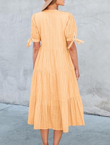Image of Theenkoln Womens Casual Midi Dress: Short Sleeve V-Neck Empire Waist Gingham Spring Fashion Long Trendy Tiered Formal Dresses