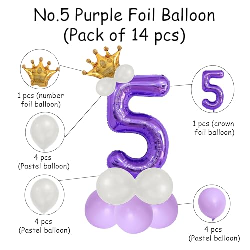 Image of Purple 5 Number Foil Balloon with Crown & Base Balloons | 32 Inch Helium Supported for Birthday, Anniversary, Baby Shower Decoration - Pack of 14