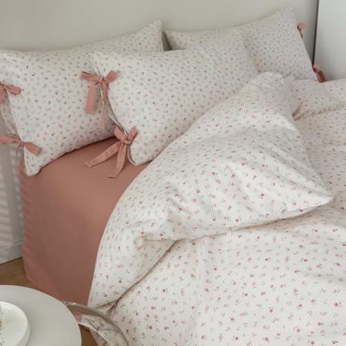 Image of MKXI Cute Bow Tie & Pink Flower Stripes Duvet Cover Twin Size Cotton Bedding Set - Cottagecore Small Floral Print Comforter Cover with 2 Pillowcases for Girls,Women, Sweet Home Gift