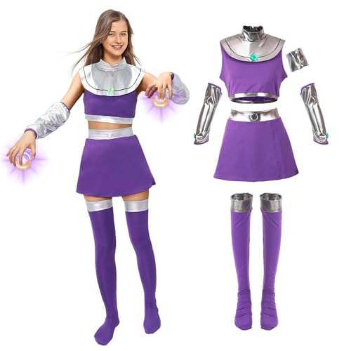 Xyeyo 6Pcs Women Starfire Costume Cosplay Outfit Princess Koriand'r Skirt Top Dress Up with Gloves Socks for Halloween Adult (XXL), XX-Large
