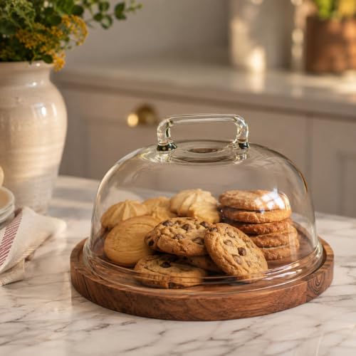 Image of Sweet Vault Acacia Wood Cake Stand with Glass Dome | Multipurpose Serving Cake Plate | Dessert Cupcake Pastry Display Stand | Round Cake Cutting Holder