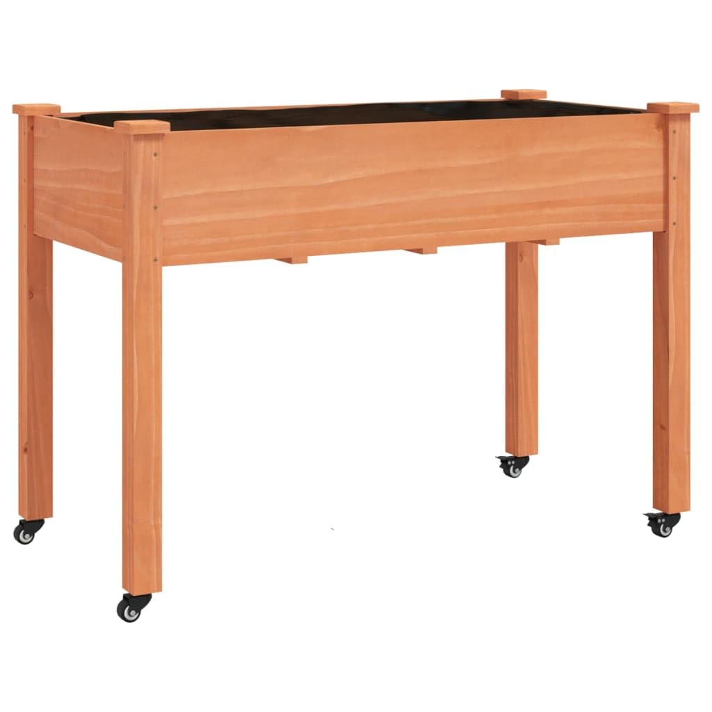 Donica na kółkach z wyściółką brązowa 118x59x80 cm lite drewno jodłowe podwyższona skrzynia ogrodowa mobilna duża pojemność na balkon taras ogród