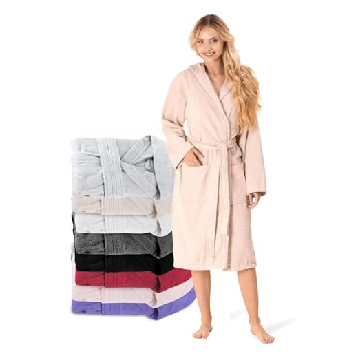 Twinzen Bata Mujer (M, Beige Claro/Topo) - 100% Algodón, Certificado Oeko Tex - Albornoz de Algodón con Capucha, 2 Bolsillos, Cinturón - Bata de Baño Suave, Absorbente y Cómoda