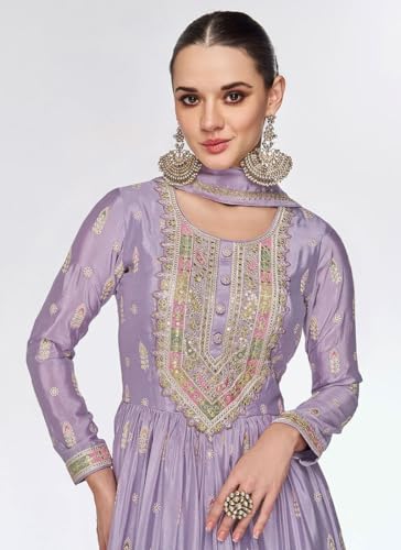 Image of Miss Ethnik Women's Purple Chinon Stitched Top with Dupatta Full Sleeve Embroidered Anarkali Gown (ME-1179)