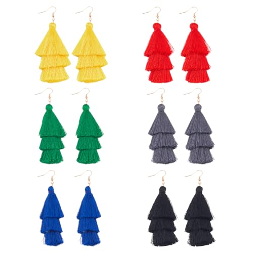 ANATTASOUL 6 Pares De 3 Niveles Capas Coloridas Borlas Pendientes Para Mujeres Y Niñas Estilo Bohemio Grandes Colgando Pendientes De Joyería De Moda Largos Borla De Hilo De Bola Pendientes De Fiesta