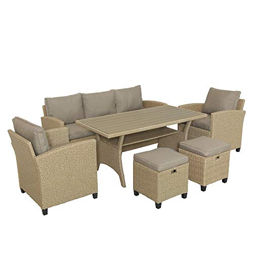 Merax 6-Piece Patio Furniture Sets, Outdoor Dining Table Set, All Weather Rattan Wicker Sofa With Table & Stools, Patio Sectional Sofa Set (Brown, 6 Piece) #TOP4