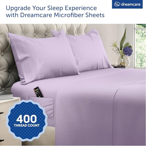 Image of DREAMCARE Queen Sheet Set - 4 pcs Breathable Cooling Sheets - up to 15 inch Deep Pocket Queen Sheets Set with Side Pockets - Extra Soft 100% Brushed Hypoallergenic Hotel Luxury Bedding - Lavender