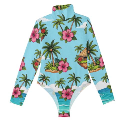 Body de manga larga con torso largo para mujer con estampado de flores tropicales y cuello alto