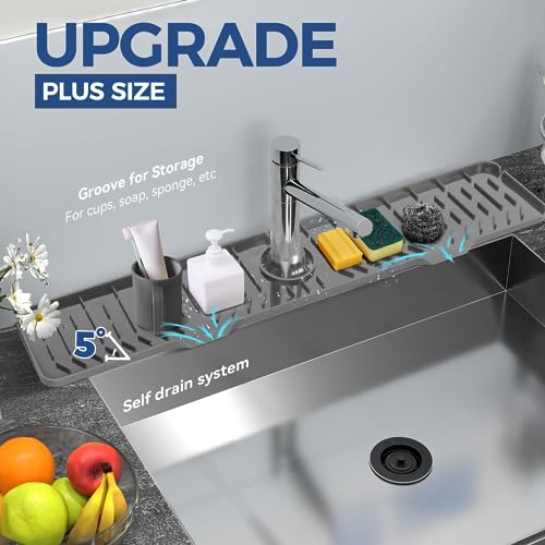 Image of 24 inch Splash Guard Plus Size Silicone Sink Faucet Drying Mat Handle Drip Catcher Tray Dish Sponge Holder Kitchen Accessories Protector Home Organization Gadgets Organizer