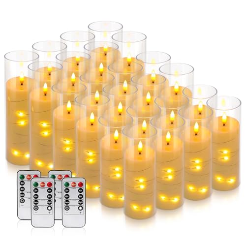 Image of 24 Pack Acrylic Flameless Candles,with Embedded Star String, Battery Operated Candles Flickering LED Pillar Candles with Remote Control and Timer, Ideal for Indoor /Outdoor Decor,Wedding,BBQ and Gift.