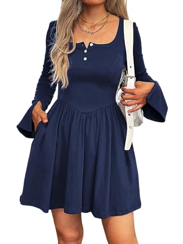 Women Bell Long Sleeve Mini Dress Square Neck Button Down A Line Pleated Fall Dresses with Pockets