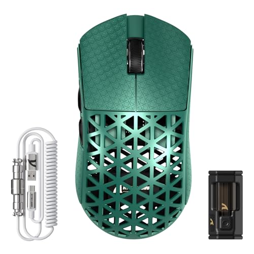 Image of ATTACK SHARK R5 Ultra Wireless Gaming Mouse,Carbon Fiber Shell 39g Superlight,PAW3950MAX Nordic 52840 MCU 8K Polling 42K DPI Optical Sensor,BT /2.4G /USB-C Wired Mice with Coiled Cable-Green&Griptape