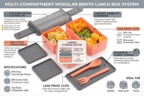 Image of Double Decker 3 Compartment Lunch Box for School & Office, Lunch Box with Cutlery and Lid,Microwave Safe Lunch Boxes | Peach Orange -1400 ML