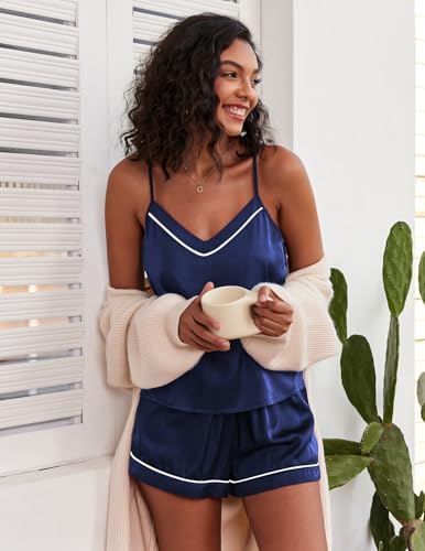 Image of Ekouaer Pajamas for Women Set Silk Satin Pjs Sexy Lingerie Sleepwear Cami Shorts Set Summer Nightwear S-XXL