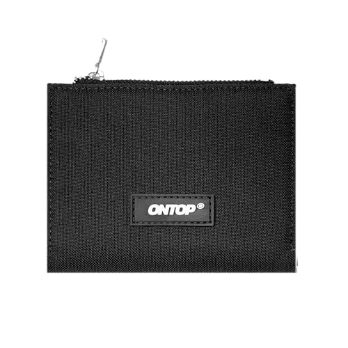 ONTOP Bifold Wallet, Minimalist Zipper Card Holder, Water Resistant, Lightweight Design (Black)