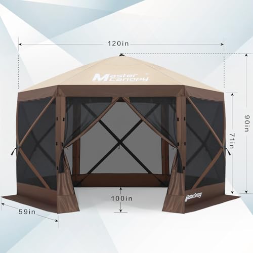Image of MASTERCANOPY 10x10FT Pop Up Gazebo Screen Tent - Instant Screen House with Netting, Quick Set, Outdoor Canopy Shelter with Carry Bag for Camping, Backyard & Patio (Beige&Coffee)