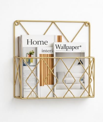 Image of Hanging File & Magazine Holder - Wall Mounted Metal Organizer for Newspapers, Documents & Office Storage | Decorative Wall Rack for Home & Workspace (Golden)