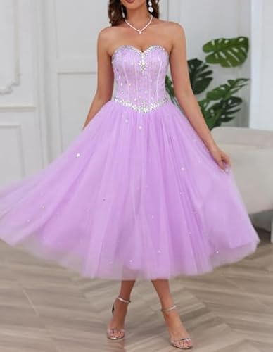 Image of Likedpage Women's Strapless Tea Length Prom Dress, Tulle Ball Gown with Crystal Beading, Corset Back