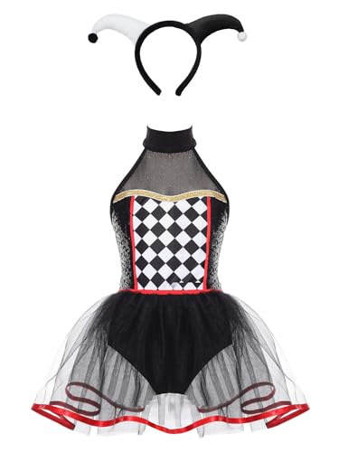 ranrann Girls Sparkly Doll Clown Outfits Halter Neck Circus Clown Leotard Tutu Dress with Headwear Black 12 Years