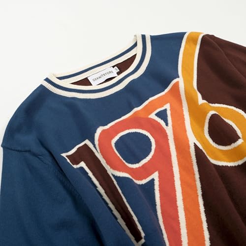 OXKNIT Mens Vintage Knitted Shirt Short Sleeve Classic Blue Brown Patchwork 1976 Pattern Crewneck Tops3